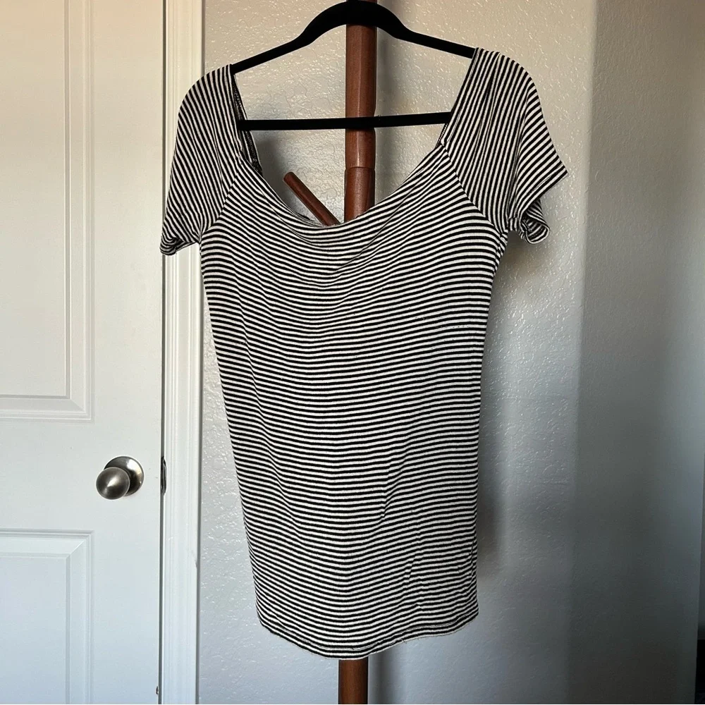 W Black & White Free People Striped Off Shoulder Lace Top Size L |A22 - Picture 7 of 9